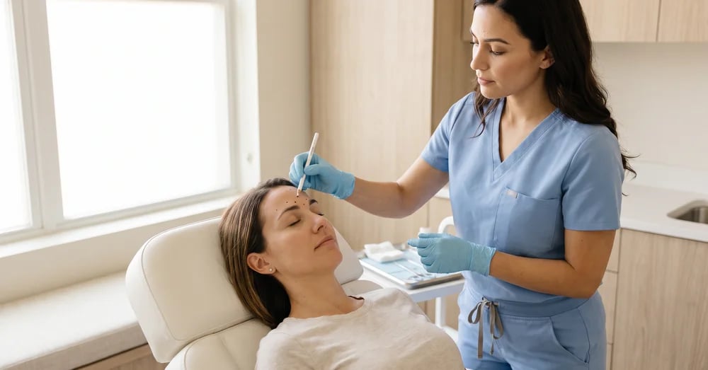 Provider marking forehead injection points before a Botox treatment