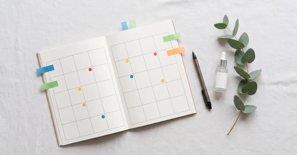Treatment planning calendar with color-coded dots marking appointments spaced across months