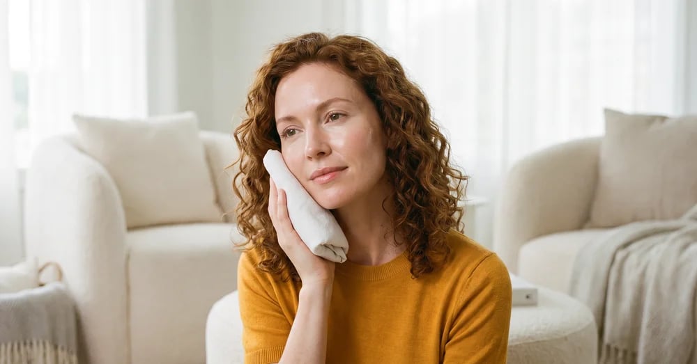 Woman holding a cool compress to her cheek a day after dermal filler injections