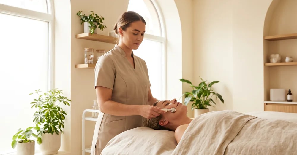 Esthetician performing a facial on a client lying on a linen-covered treatment bed in a bright, plant-filled room
