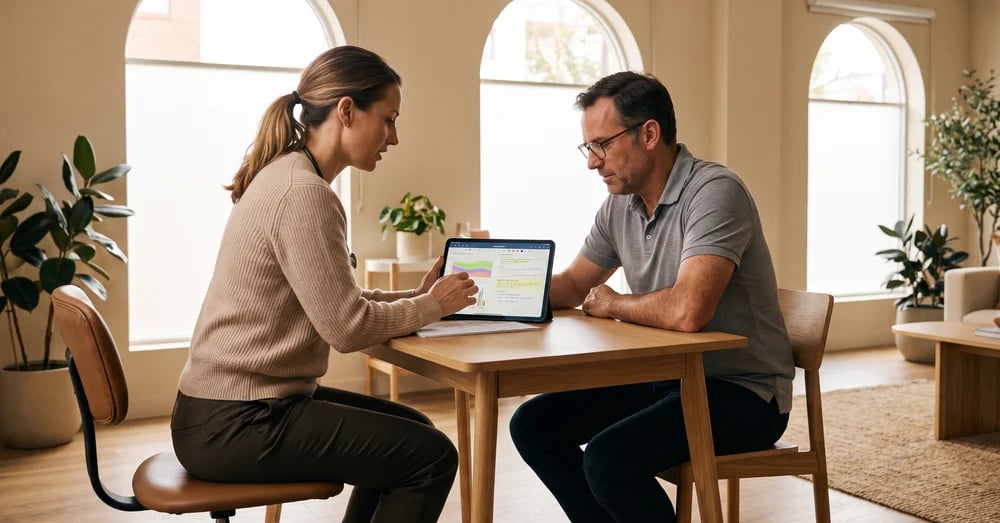 Clinician reviewing lab results on a tablet with a man in his fifties at a consultation table