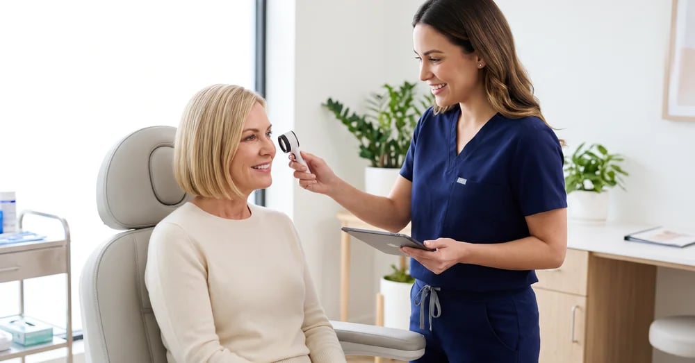 Provider in navy scrubs examining a patient’s skin during a consultation