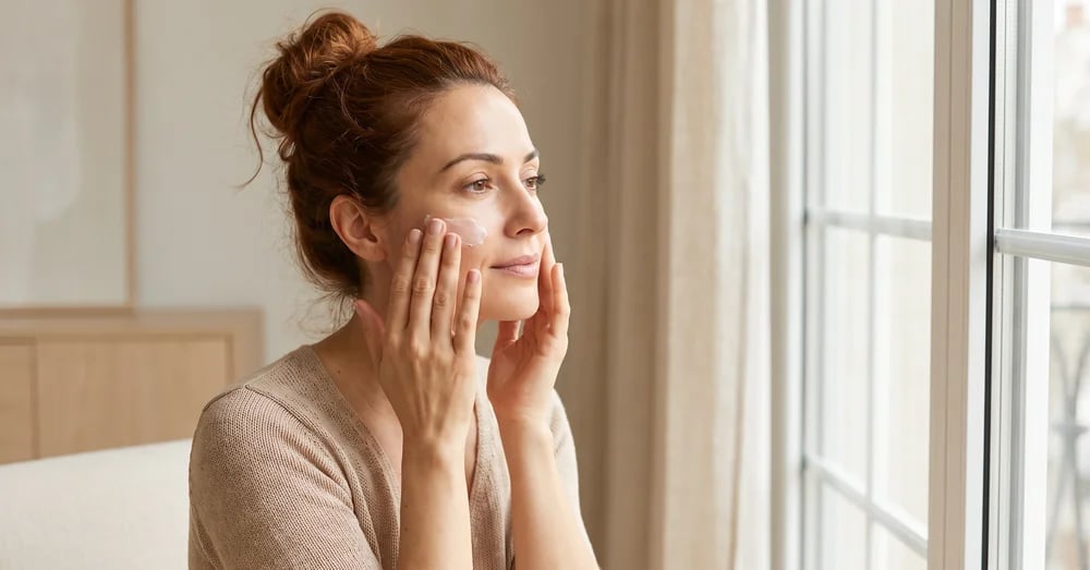 Woman applying sunscreen to her cheek beside a sunlit window