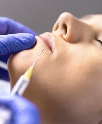 Gloved hands giving a lip filler injection to a patient lying back