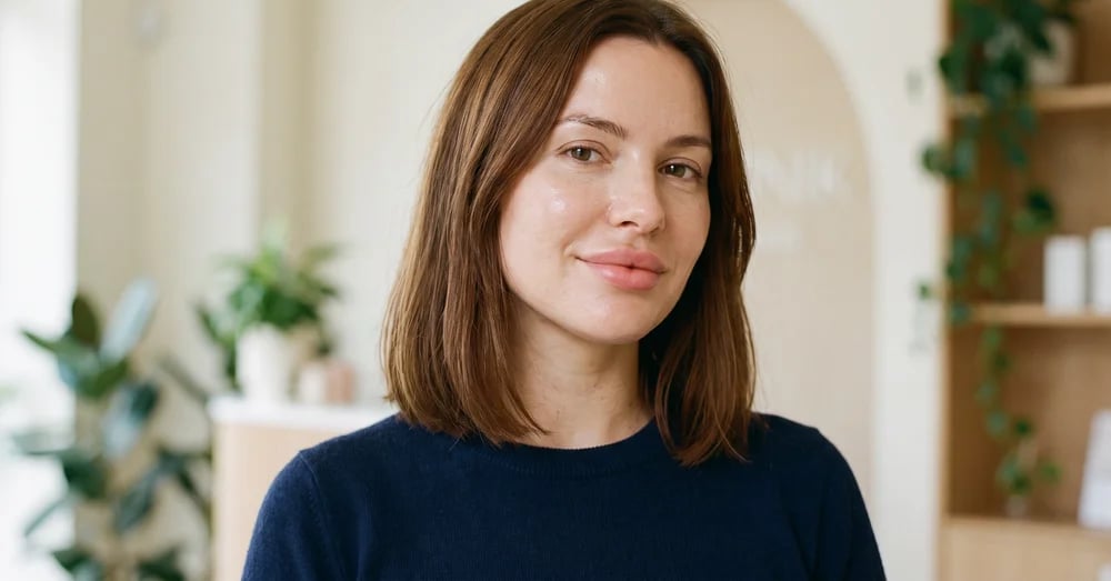 Woman with shoulder-length brown hair and natural lips in a bright clinic