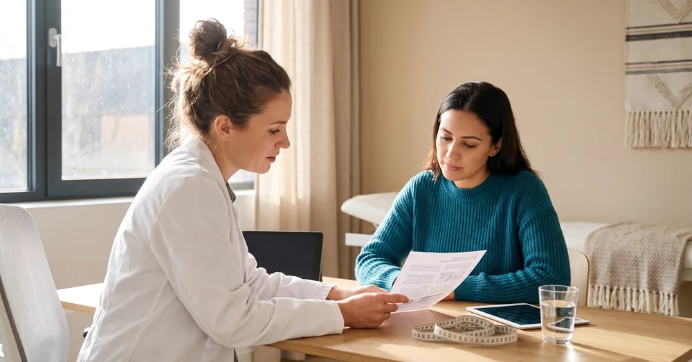 Clinician in a white coat reviewing a lab report with a patient at a desk