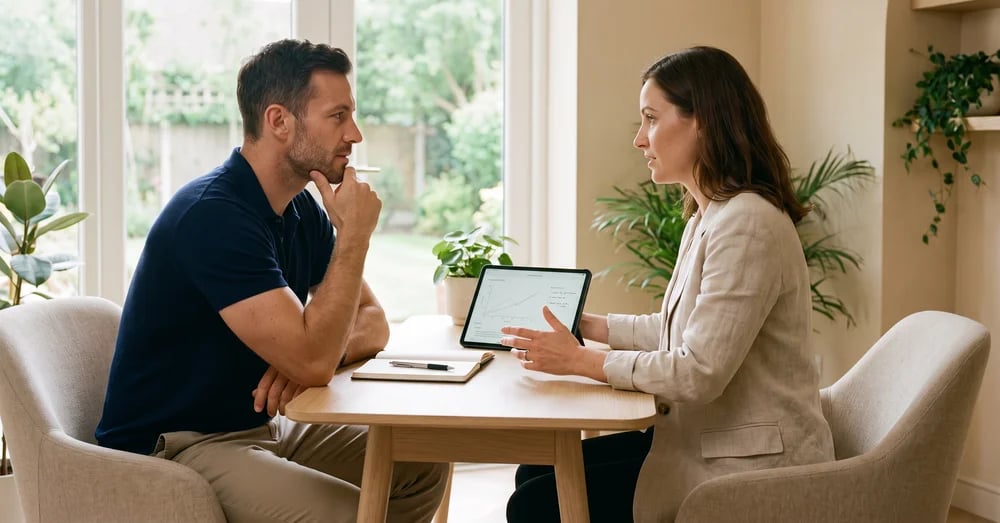 Man in a navy polo talking with a clinician who is showing him a chart on a tablet