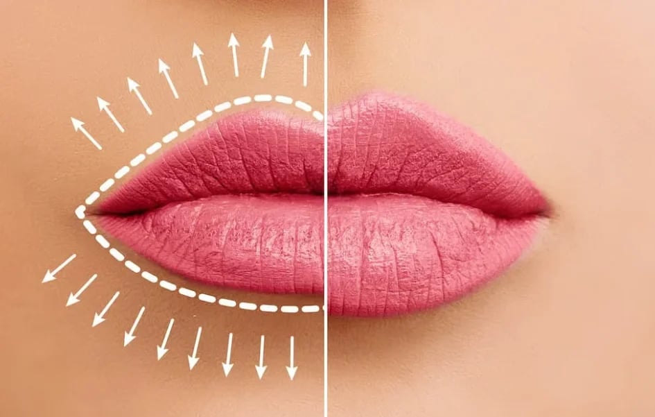Split view of lips, one side traced with a dotted outline and outward arrows illustrating added volume