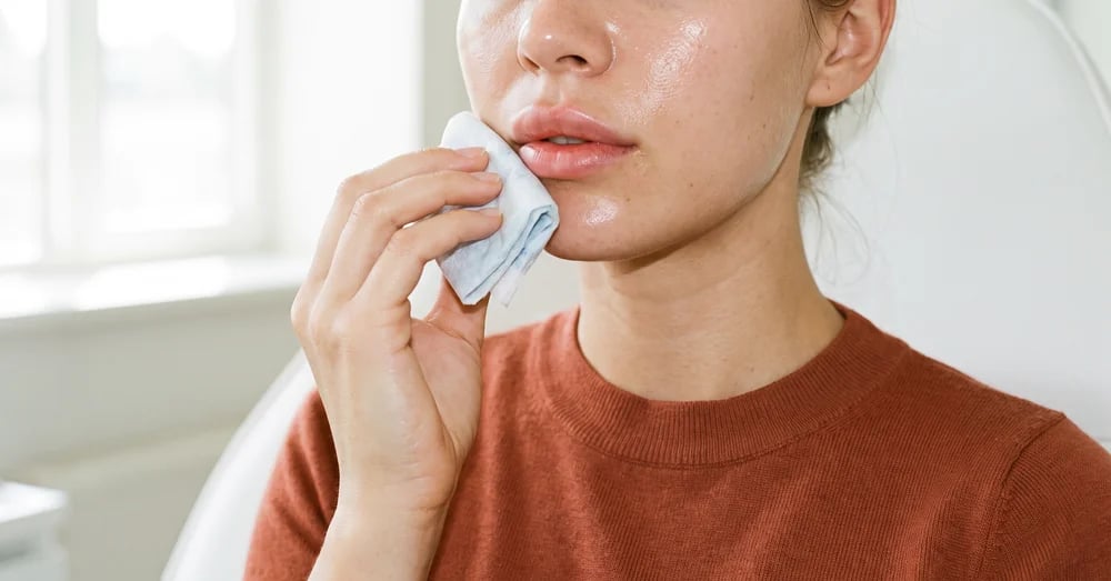 Woman holding a cloth-wrapped cool compress against her cheek beside her lips