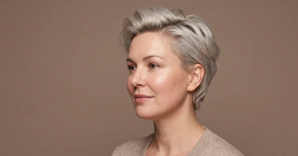 Woman with short silver-blonde hair showing full, natural-looking cheeks and smooth temples
