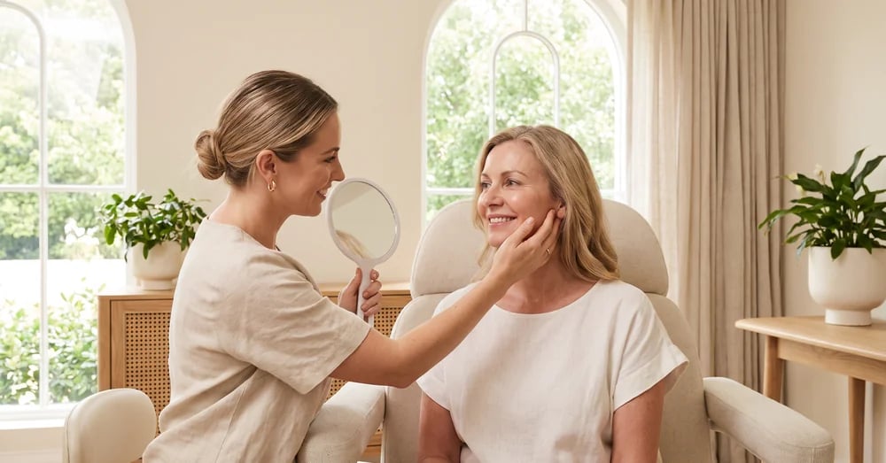 Clinician gently assessing the cheek and jawline of a smiling woman who holds a hand mirror