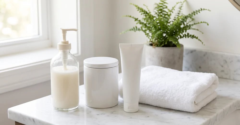 Gentle cleanser, moisturizer and mineral sunscreen arranged on a bathroom counter