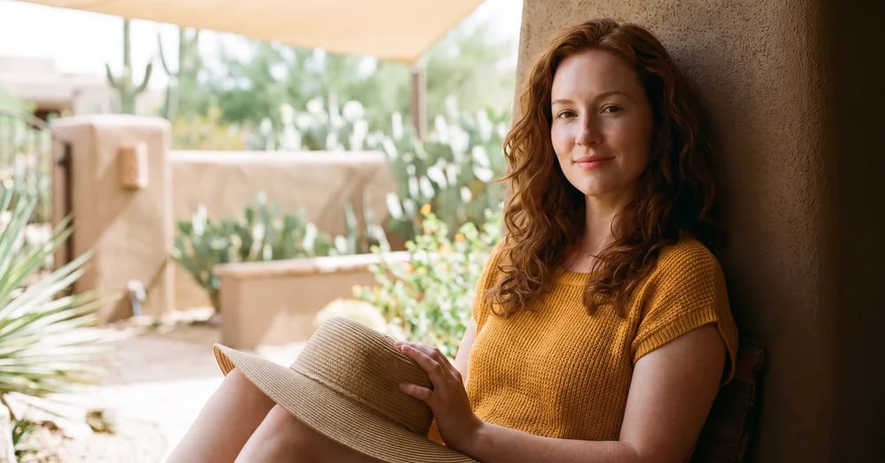 Woman with auburn hair resting in the shade on a desert patio, holding a sun hat