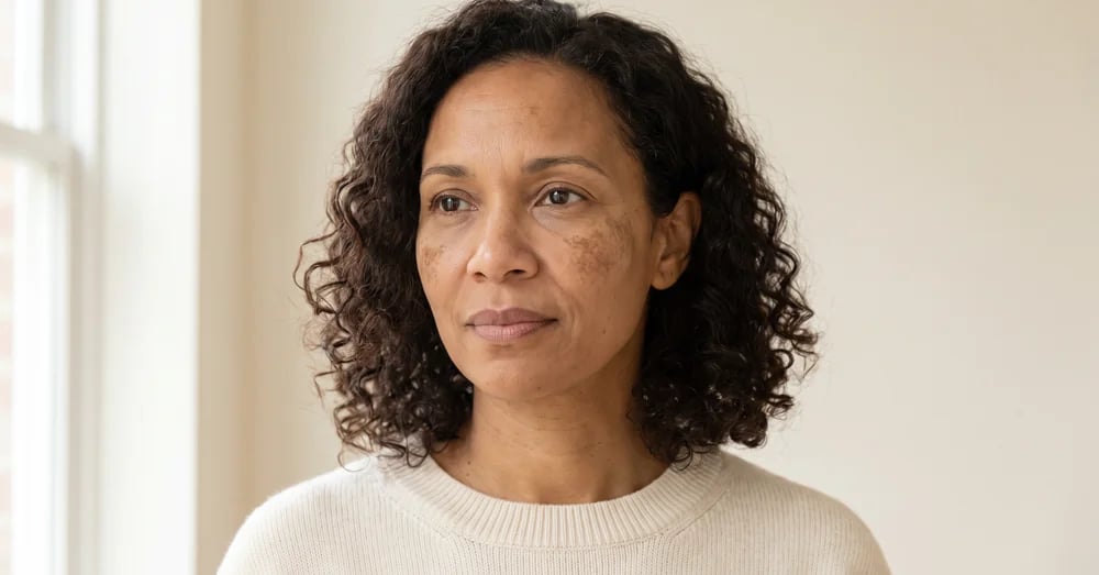Woman with patches of brown pigmentation across her cheek and forehead