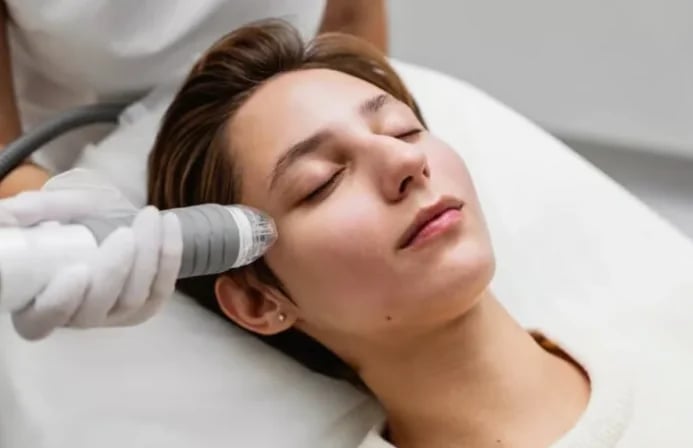 Provider holding a treatment handpiece to a patient’s temple