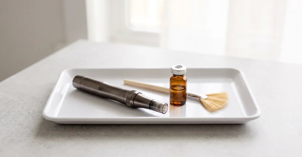 Microneedling pen, amber glass vial and fan brush arranged on a white clinic tray