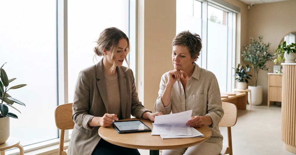 Clinician reviewing printed lab results with a woman at a small round table in a bright office